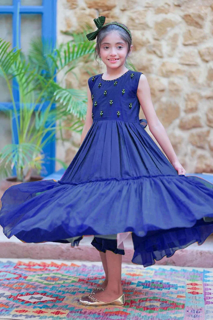 Picture of KDD-03097 | Navy Blue & Gold | Formal 3 Piece Suit | Viscose Chambray Katan - Available at Raja Sahib