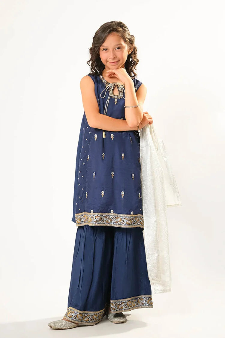 Picture of Kids formal clothes | Blue & Multicolor | Formal 3 Piece Suit | Viscose Raw-Silk | KDD-03105 - Available at Raja Sahib