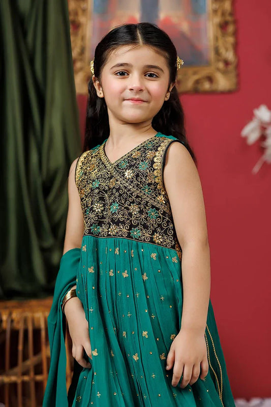 Picture of Kids formal clothes | Green & Multicolor | Formal 3 Piece Suit | Viscose Crinkle Chiffon | KDD-03108 - Available at Raja Sahib