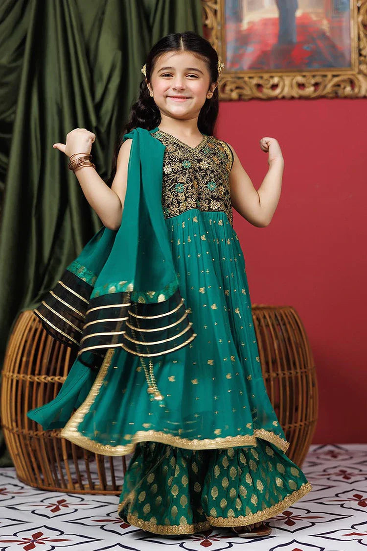 Picture of Kids formal clothes | Green & Multicolor | Formal 3 Piece Suit | Viscose Crinkle Chiffon | KDD-03108 - Available at Raja Sahib