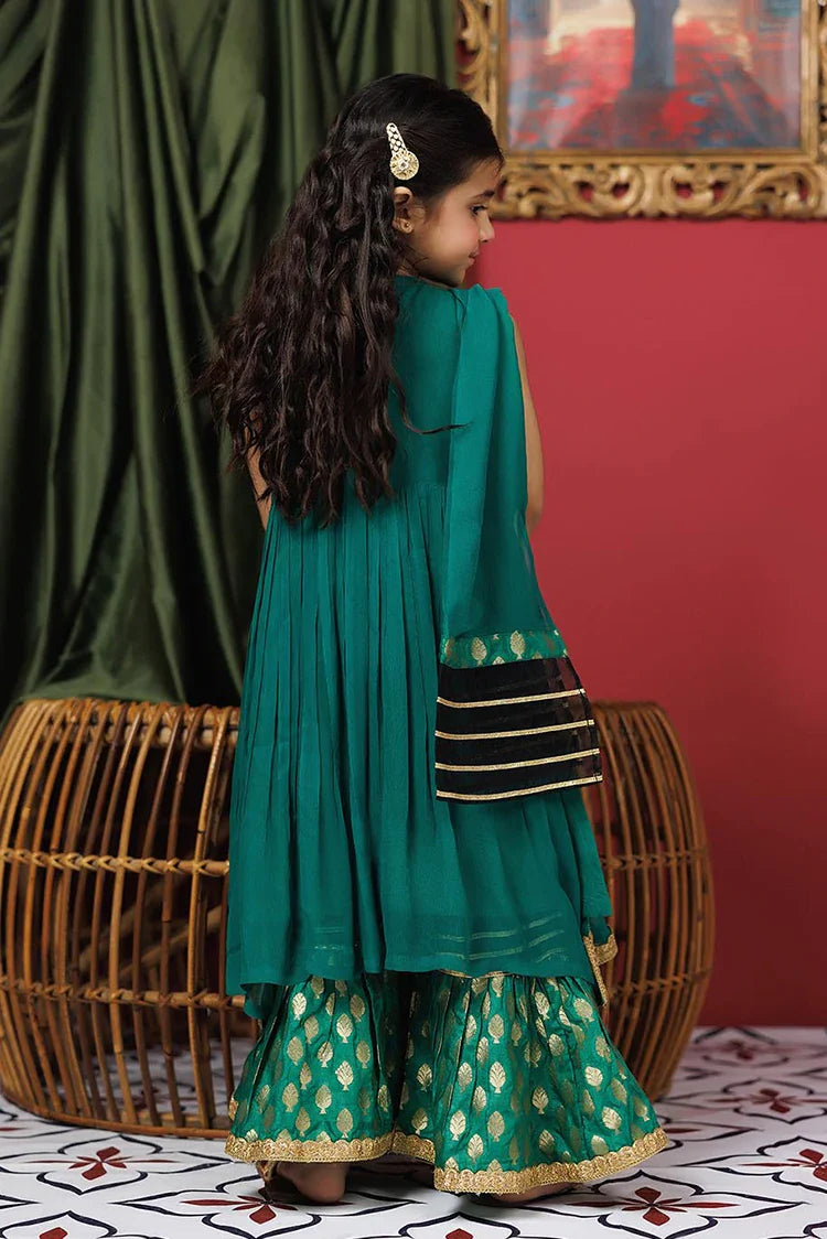 Picture of Kids formal clothes | Green & Multicolor | Formal 3 Piece Suit | Viscose Crinkle Chiffon | KDD-03108 - Available at Raja Sahib