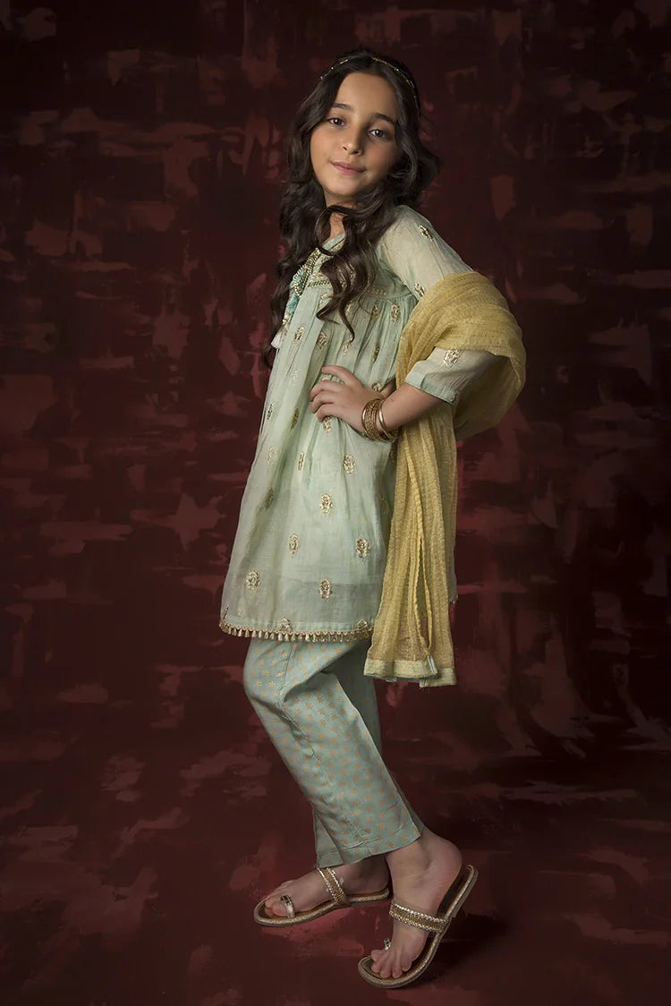 Picture of Kids formal clothes | Green & Gold | Formal 3 Piece Suit | Banarsi Masuri | KDD-03158 - Available at Raja Sahib