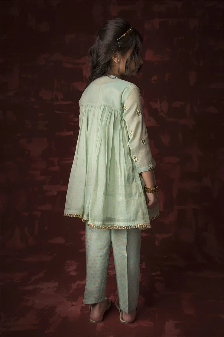 Picture of Kids formal clothes | Green & Gold | Formal 3 Piece Suit | Banarsi Masuri | KDD-03158 - Available at Raja Sahib