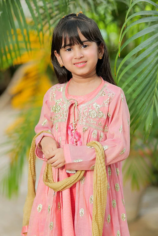 Picture of Kids formal clothes | Tea Pink & Gold | Formal 3 Piece Suit | Banarsi Masuri | KDD-03159 - Available at Raja Sahib