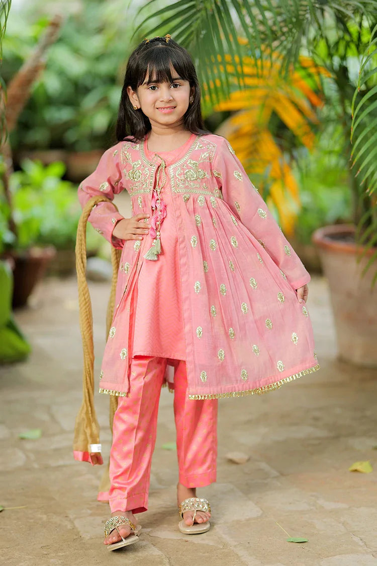 Picture of Kids formal clothes | Tea Pink & Gold | Formal 3 Piece Suit | Banarsi Masuri | KDD-03159 - Available at Raja Sahib