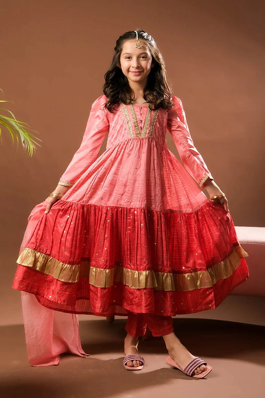 Picture of Senorita - Kids formal clothes - Peach & Dark Pink - Formal 3 Piece Suit - KDD-03220 - Available at Raja Sahib