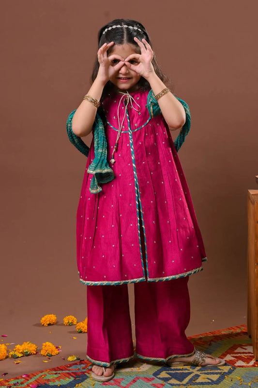 Picture of Senorita - Kids formal clothes - Shocking Pink & Multicolor - Formal 3 Piece Suit - KDD-03234 - Available at Raja Sahib