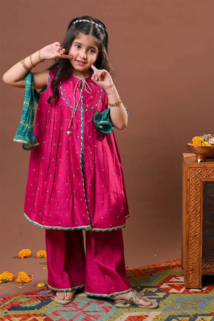 Picture of Senorita - Kids formal clothes - Shocking Pink & Multicolor - Formal 3 Piece Suit - KDD-03234 - Available at Raja Sahib