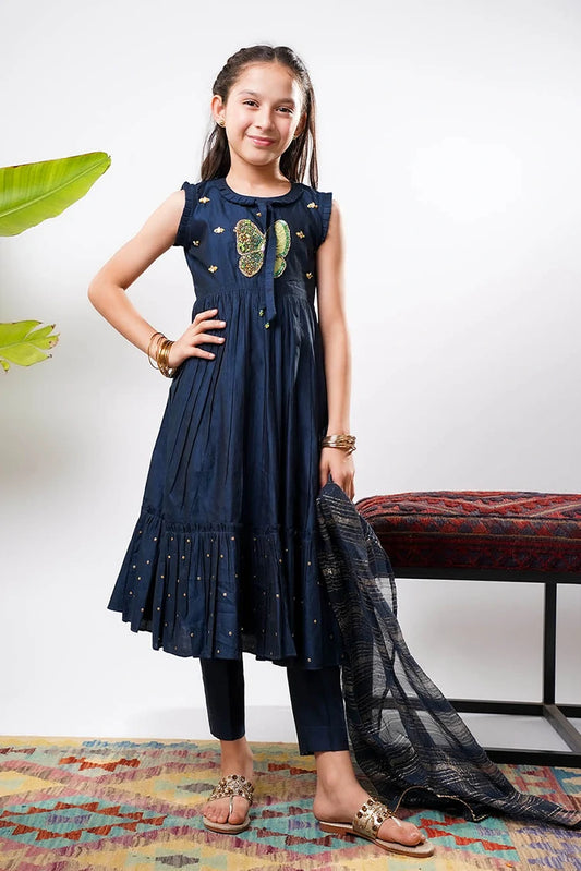 Picture of Senorita - Kids formal clothes - Navy Blue & Gold - Formal 3 Piece Suit - KDD-03236 - Available at Raja Sahib