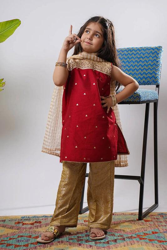 Picture of Senorita - Kids formal clothes - Maroon/Gold - Formal 3 Piece Suit - KDD-03240 - Available at Raja Sahib
