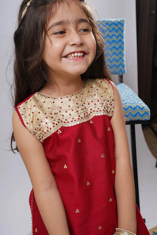 Picture of Senorita - Kids formal clothes - Maroon/Gold - Formal 3 Piece Suit - KDD-03240 - Available at Raja Sahib