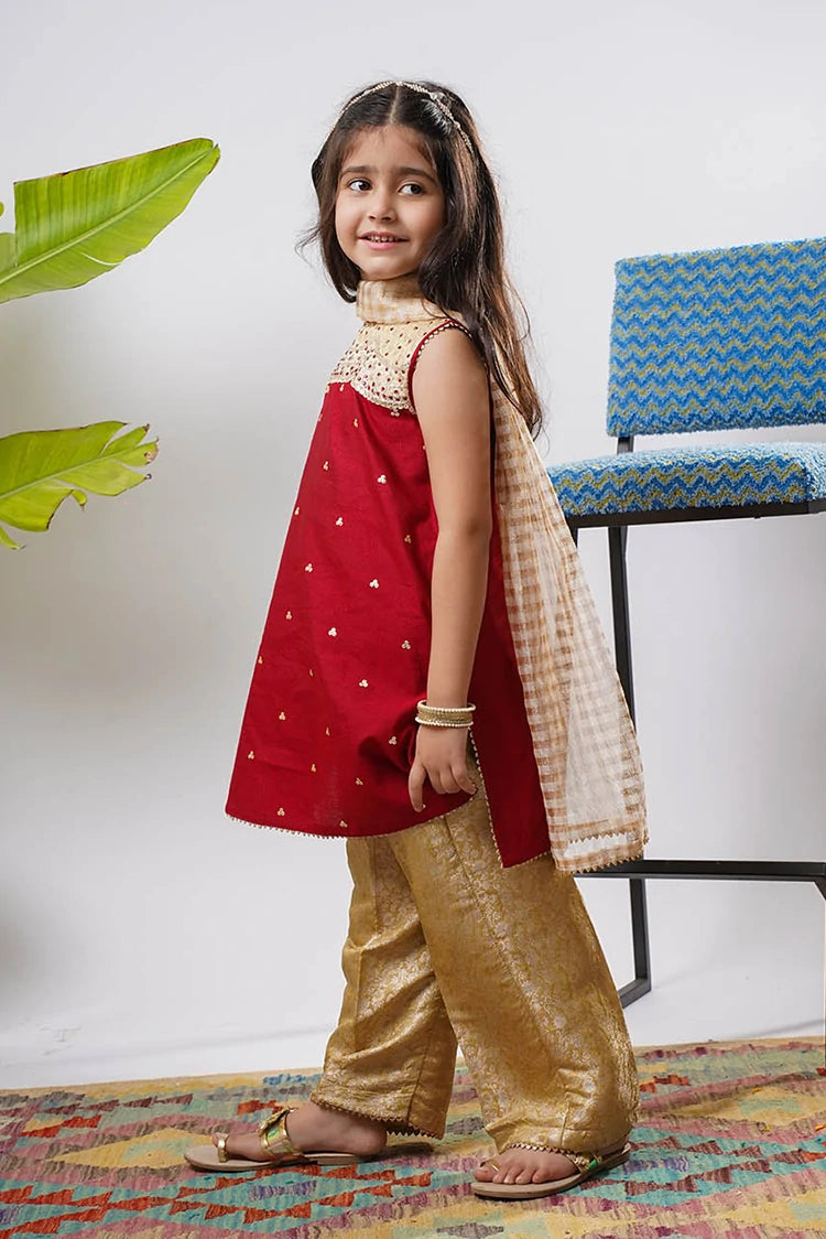 Picture of Senorita - Kids formal clothes - Maroon/Gold - Formal 3 Piece Suit - KDD-03240 - Available at Raja Sahib