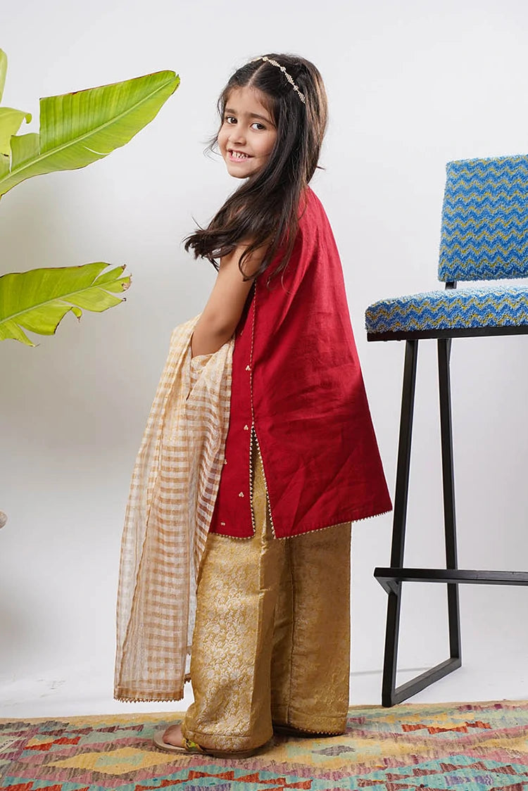 Picture of Senorita - Kids formal clothes - Maroon/Gold - Formal 3 Piece Suit - KDD-03240 - Available at Raja Sahib