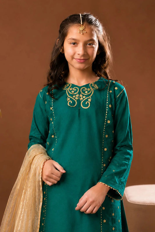 Picture of Senorita - Kids formal clothes - T.Green / Gold - Formal 3 Piece Suit - KDD-03432 - Available at Raja Sahib