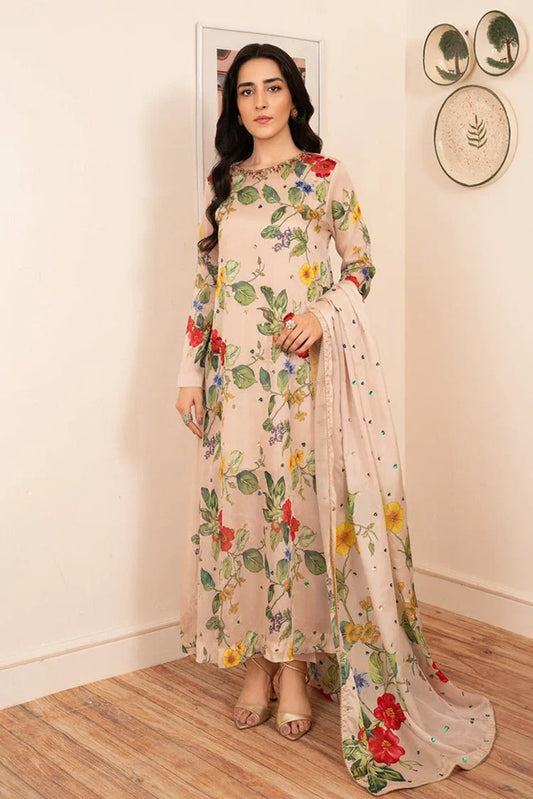 Picture of Stitch Vibes - Morganite RTW Collection - 3 PC - Beige Silk Dress - Available at Raja Sahib