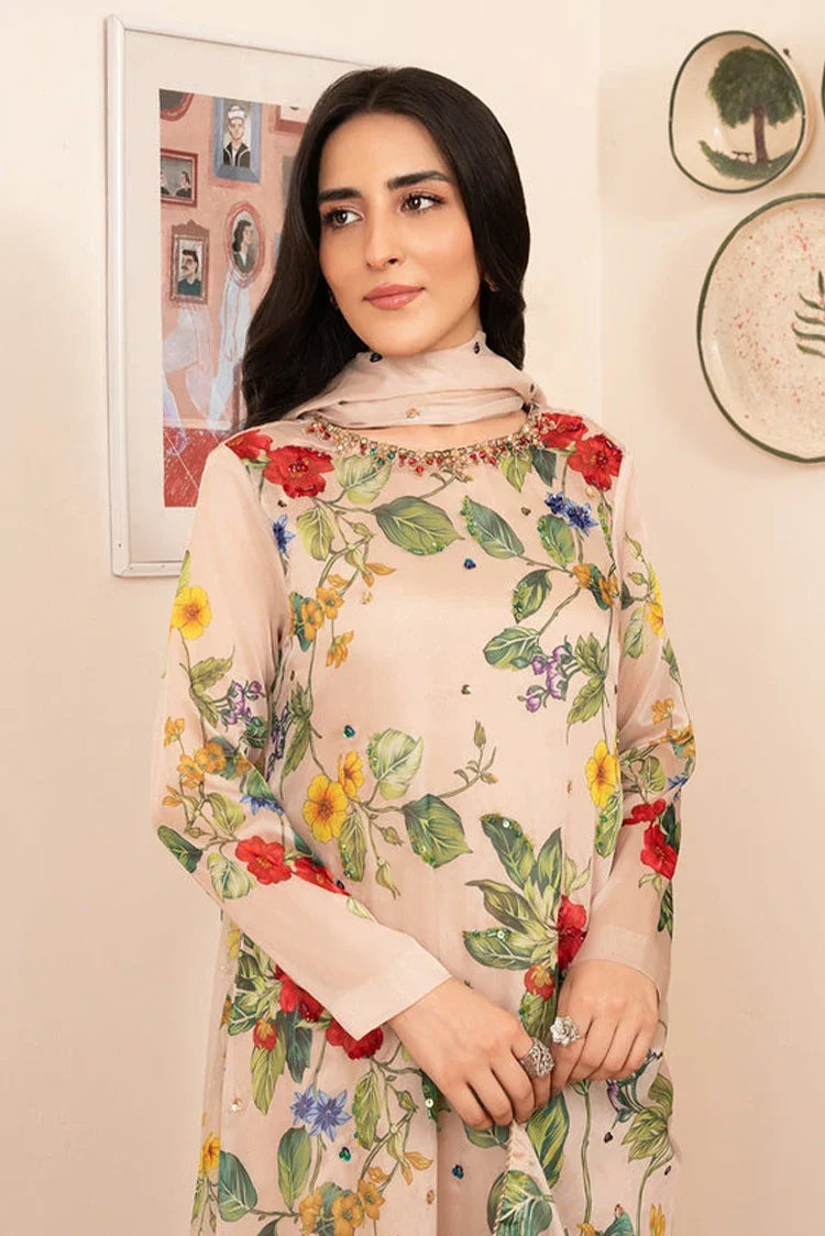 Picture of Stitch Vibes - Morganite RTW Collection - 3 PC - Beige Silk Dress - Available at Raja Sahib