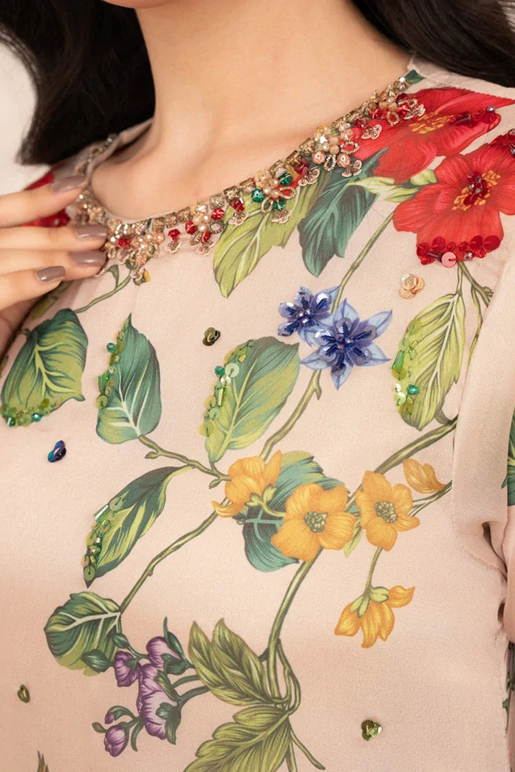 Picture of Stitch Vibes - Morganite RTW Collection - 3 PC - Beige Silk Dress - Available at Raja Sahib