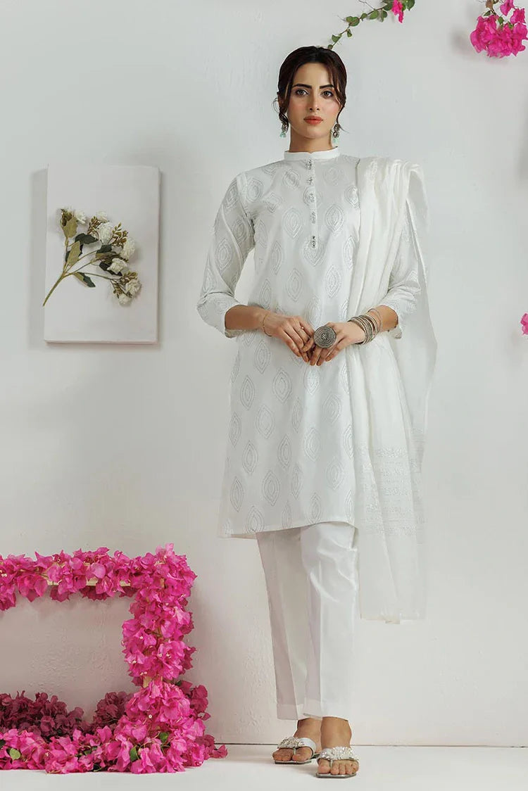 Picture of LAD-03114 | White & silver | Casual 3 Piece Suit | Plain Cotton - Available at Raja Sahib