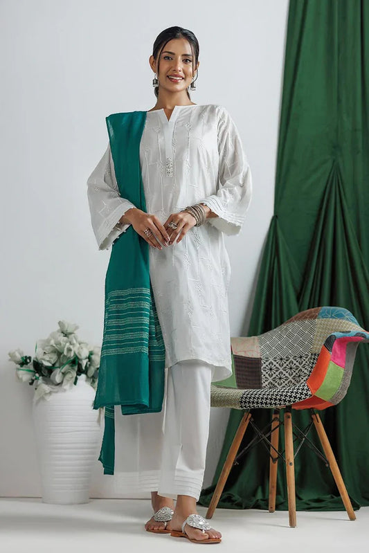 Picture of LAD-03145 | White | Casual 3 Piece Suit | Plain Cotton - Available at Raja Sahib