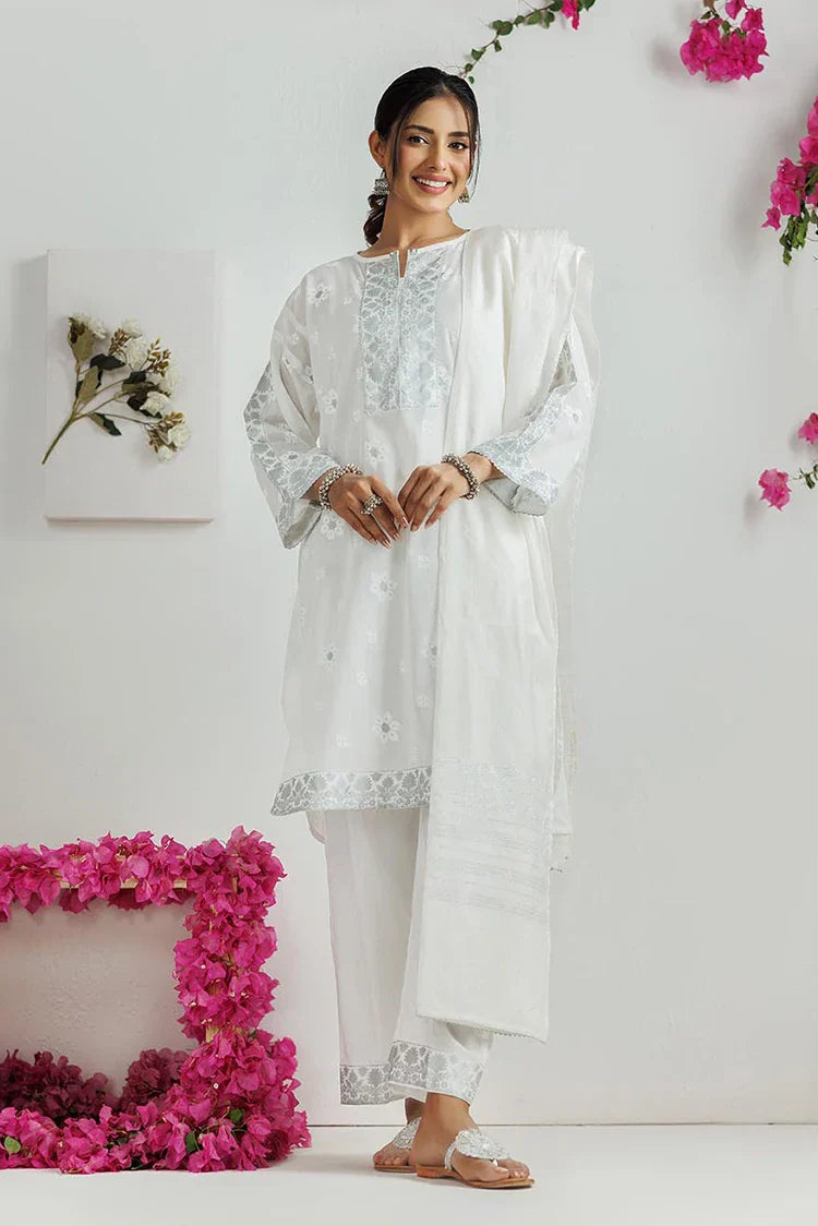 Picture of LAD-03170 | White & Silver | Casual 3 Piece Suit | Cotton Lawn Printed - Available at Raja Sahib