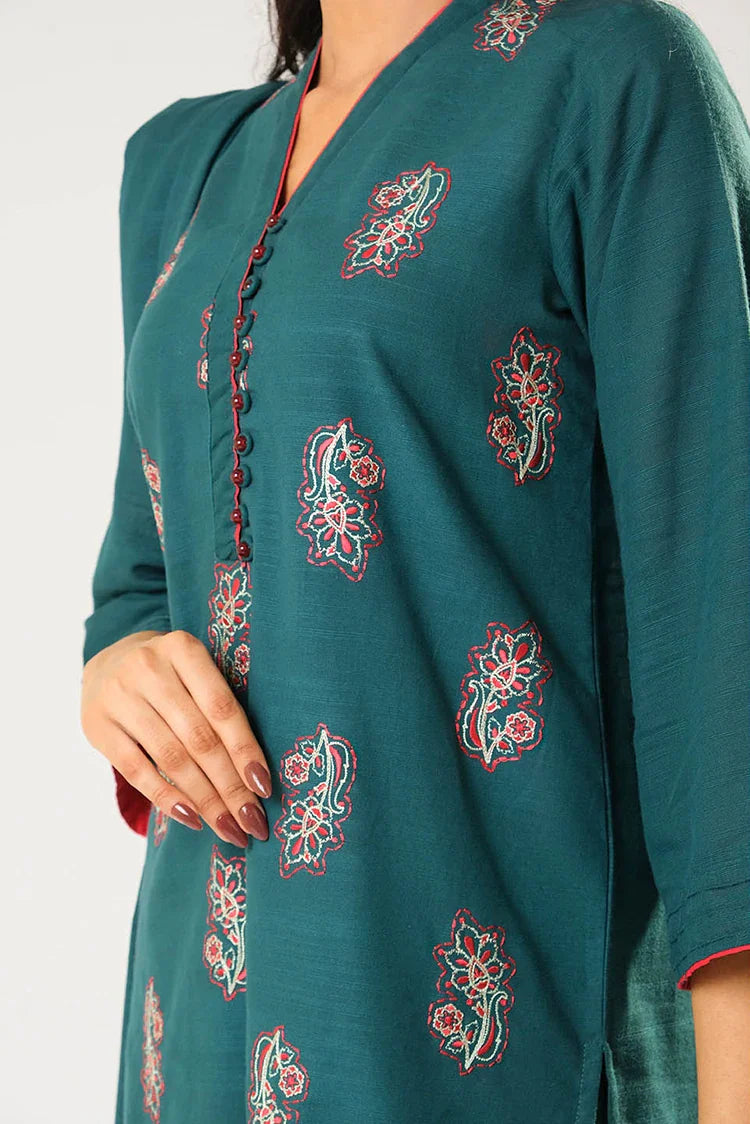Picture of Women winter clothes | Turquoise Blue | Casual 3 Piece Suit | Cotton Khaddar Dyed | LAD-03177 - Available at Raja Sahib