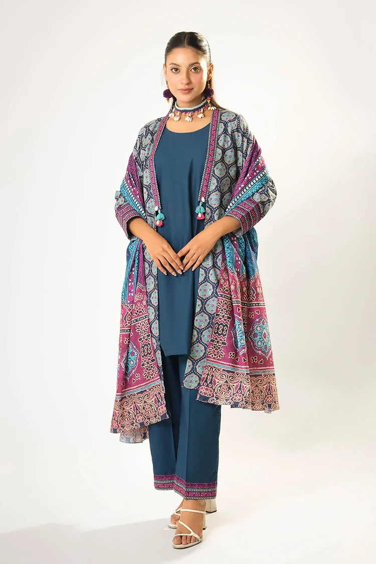 Picture of Women winter clothes | Blue & Multicolor | Casual 3 Piece Suit | Cotton Khaddar Printed | LAD-03198 - Available at Raja Sahib