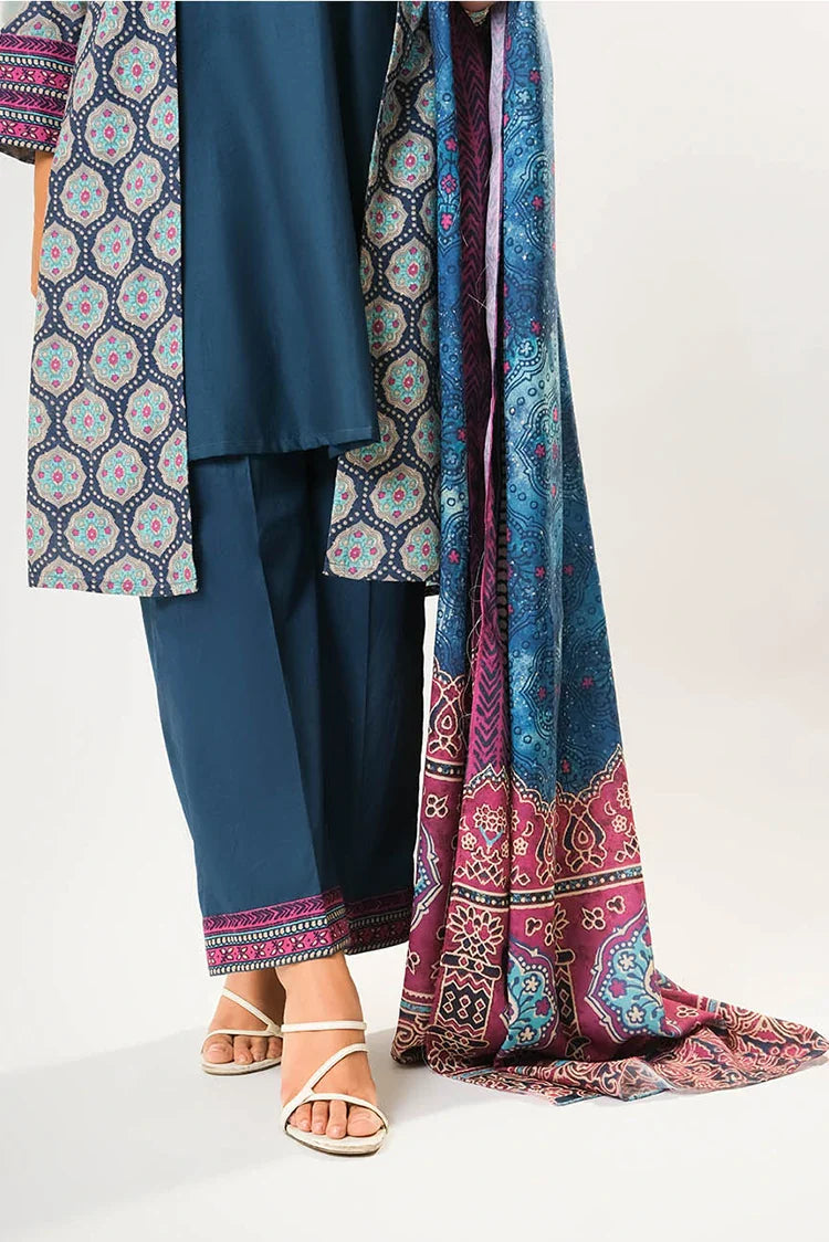 Picture of Women winter clothes | Blue & Multicolor | Casual 3 Piece Suit | Cotton Khaddar Printed | LAD-03198 - Available at Raja Sahib