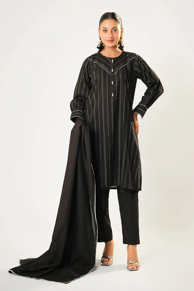 Picture of Women winter clothes | Black & Silver | Casual 3 Piece Suit | Cotton Karandi Dobby | LAD-03210 - Available at Raja Sahib