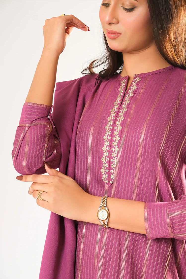 Picture of Women winter clothes | S.Pink & Gold | Casual 3 Piece Suit | Cotton Karandi Dobby | LAD-03211 - Available at Raja Sahib