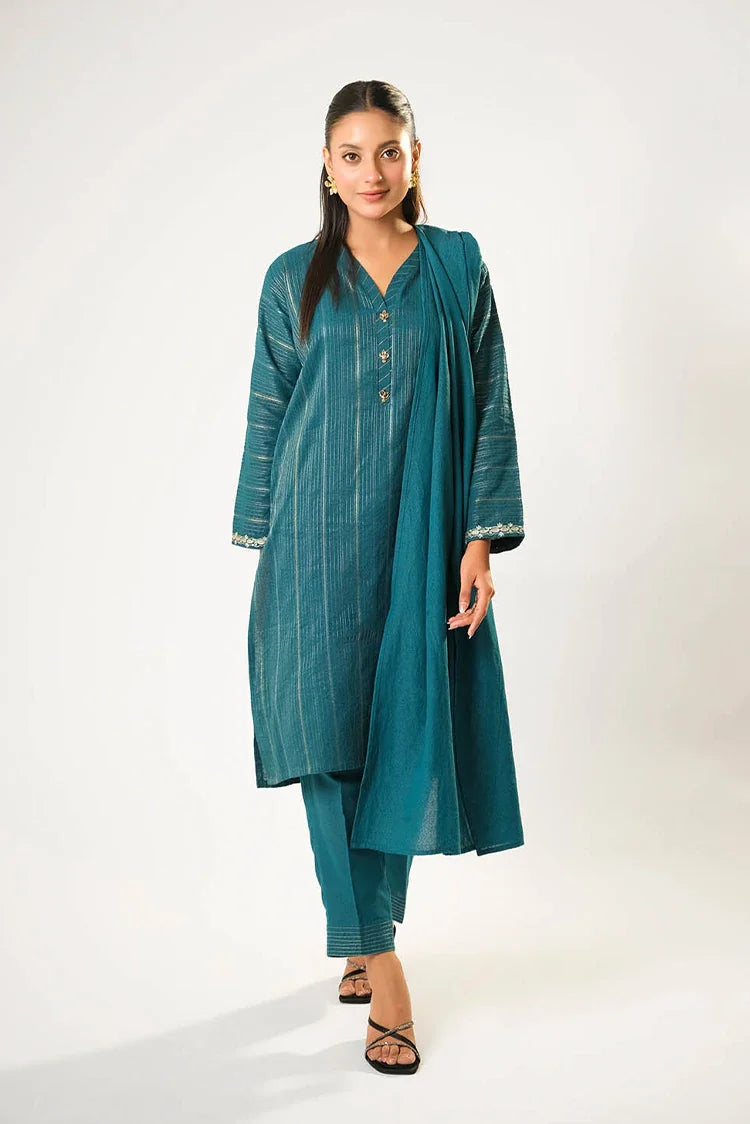 Picture of Women winter clothes | Turquoise Blue & Silver | Casual 3 Piece Suit | Cotton Karandi Dobby | LAD-03212 - Available at Raja Sahib
