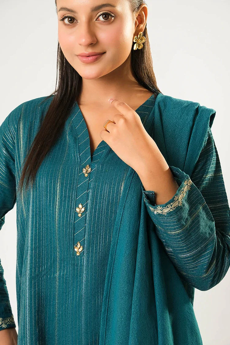 Picture of Women winter clothes | Turquoise Blue & Silver | Casual 3 Piece Suit | Cotton Karandi Dobby | LAD-03212 - Available at Raja Sahib