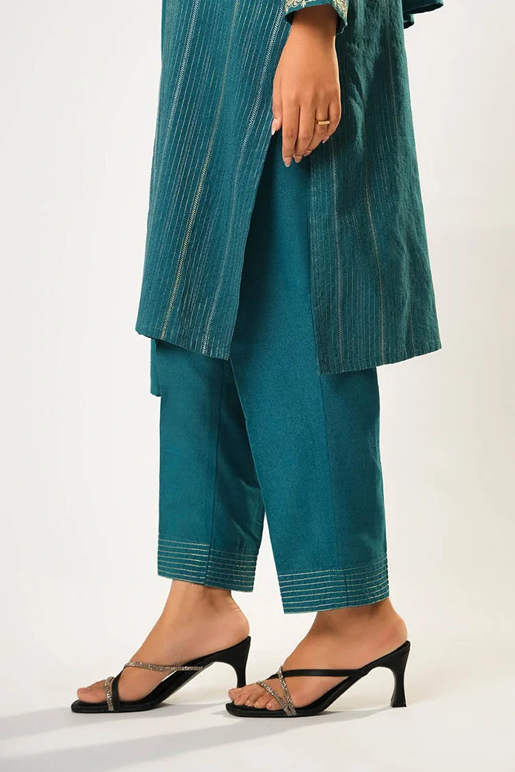 Picture of Women winter clothes | Turquoise Blue & Silver | Casual 3 Piece Suit | Cotton Karandi Dobby | LAD-03212 - Available at Raja Sahib