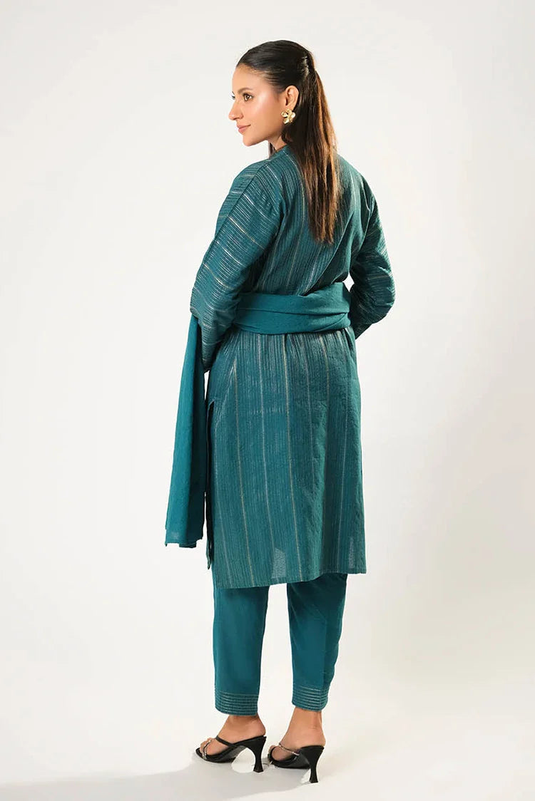 Picture of Women winter clothes | Turquoise Blue & Silver | Casual 3 Piece Suit | Cotton Karandi Dobby | LAD-03212 - Available at Raja Sahib