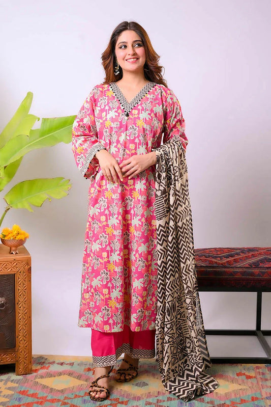 Picture of Senorita - Shocking Pink & Multicolor - Casual Plus 3 Piece Suit - Cotton Lawn Printed - LAD-03365 - Available at Raja Sahib