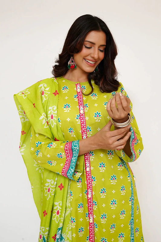 Picture of Senorita - Women Eid Dress - Parrot Green & Multicolor - Casual 3 Piece Suit - LAD-03433 - Available at Raja Sahib