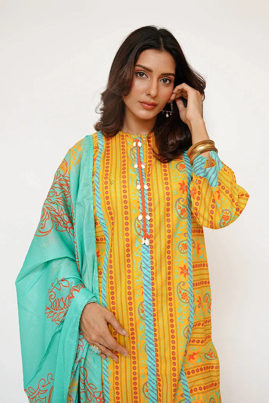 Picture of Senorita - Women Eid Dress - Mustard & Multicolor - Casual 3 Piece Suit - LAD-03435 - Available at Raja Sahib