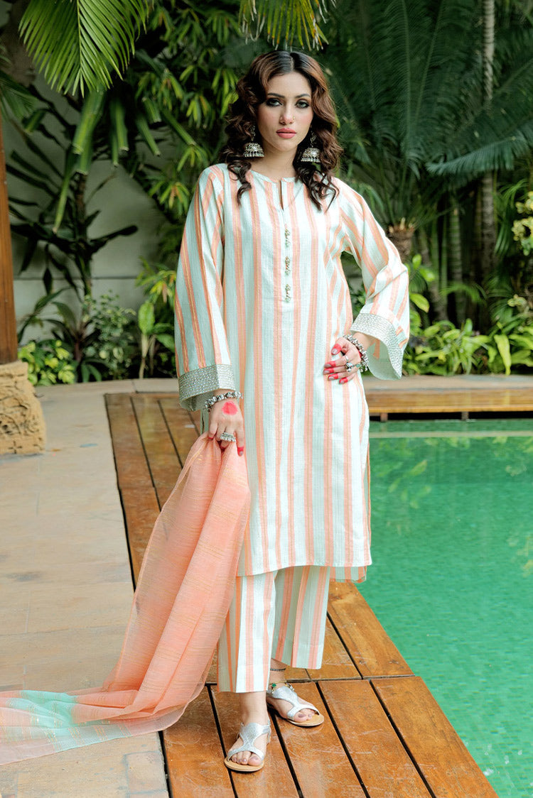Picture of Senorita - LBD-02563 | Light Green & Orange | Casual plus 3 Piece Suit  | Cotton Yarndyed Jacquard - Available at Raja Sahib