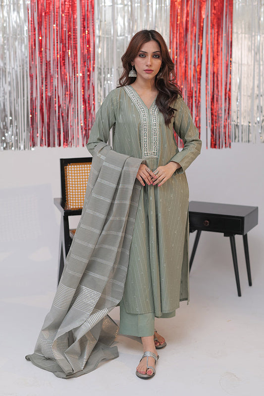 Picture of Senorita - LBD-02586 | Green & Silver | Casual plus 3 Piece Suit | Cotton Dobby Jacquard - Available at Raja Sahib