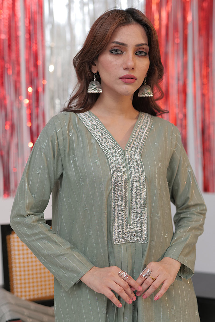 Picture of Senorita - LBD-02586 | Green & Silver | Casual plus 3 Piece Suit | Cotton Dobby Jacquard - Available at Raja Sahib