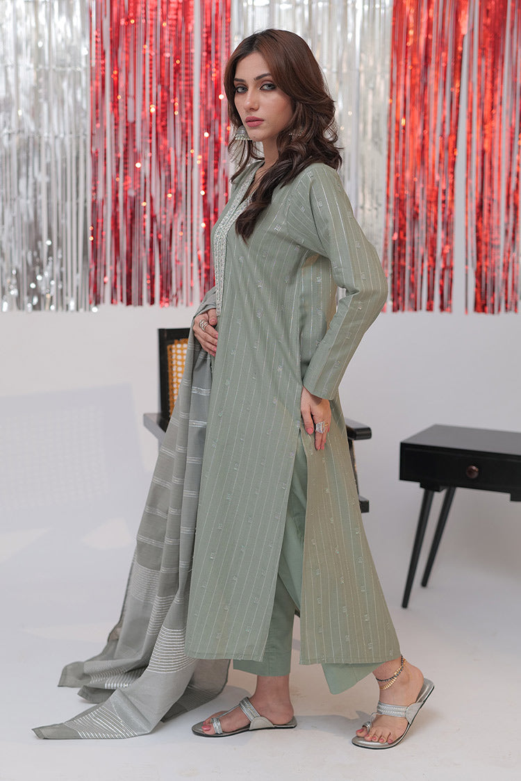 Picture of Senorita - LBD-02586 | Green & Silver | Casual plus 3 Piece Suit | Cotton Dobby Jacquard - Available at Raja Sahib