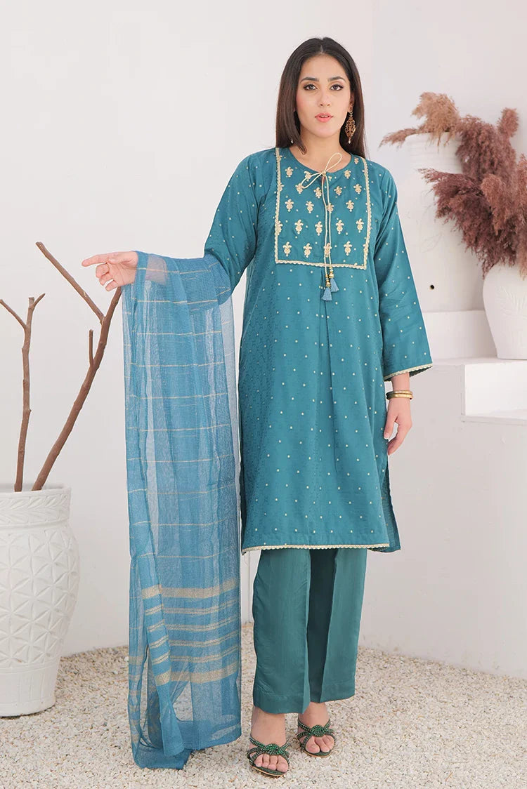 Picture of LBD-02709 | Turqouise Green & Gold | Casual Plus 3 Piece Suit | Cotton Viscose Filament Jacquard - Available at Raja Sahib