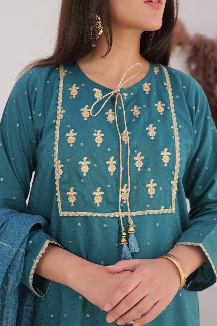 Picture of LBD-02709 | Turqouise Green & Gold | Casual Plus 3 Piece Suit | Cotton Viscose Filament Jacquard - Available at Raja Sahib