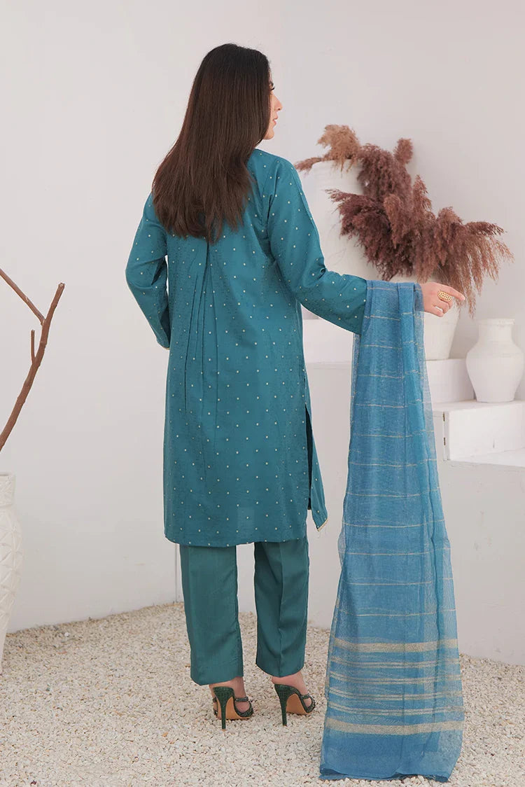 Picture of LBD-02709 | Turqouise Green & Gold | Casual Plus 3 Piece Suit | Cotton Viscose Filament Jacquard - Available at Raja Sahib