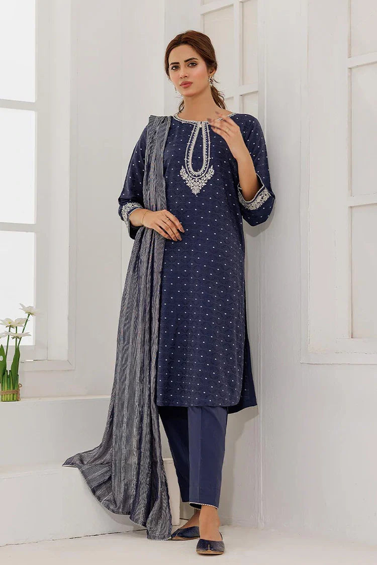Picture of LBD-02867 | Blue & Silver | Casual Plus 3 Piece Suit | Cotton Viscose Filament Jacquard - Available at Raja Sahib