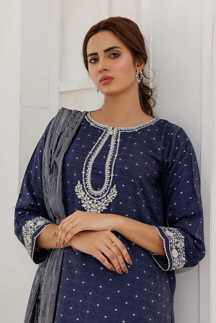 Picture of LBD-02867 | Blue & Silver | Casual Plus 3 Piece Suit | Cotton Viscose Filament Jacquard - Available at Raja Sahib