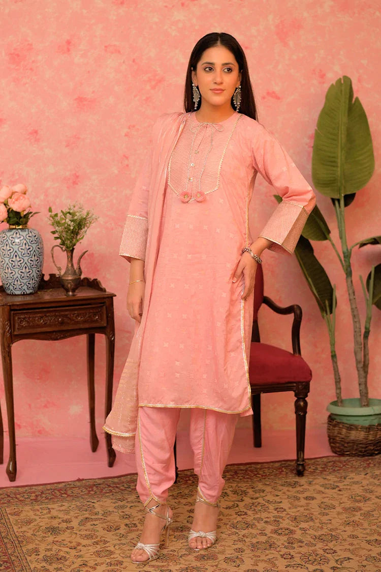 Picture of LBD-02893 | Pink & Gold | Casual Plus 3 Piece Suit | Cotton Viscose Filament Jacquard - Available at Raja Sahib