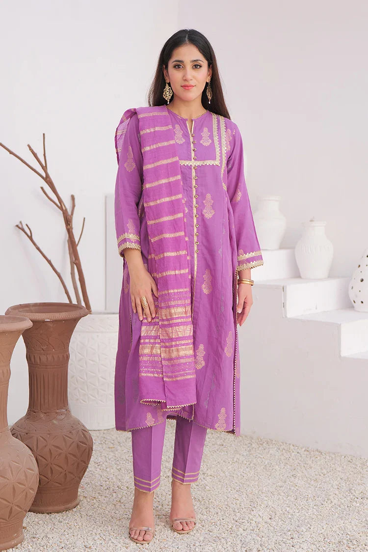 Picture of LBD-02894 | Purple & Gold | Casual Plus 3 Piece Suit | Cotton Jacquard - Available at Raja Sahib