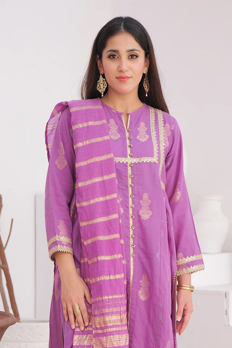 Picture of LBD-02894 | Purple & Gold | Casual Plus 3 Piece Suit | Cotton Jacquard - Available at Raja Sahib
