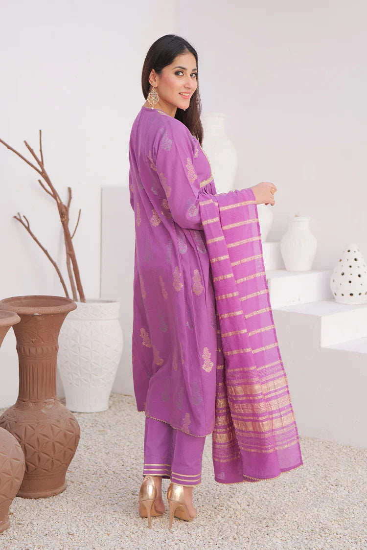 Picture of LBD-02894 | Purple & Gold | Casual Plus 3 Piece Suit | Cotton Jacquard - Available at Raja Sahib