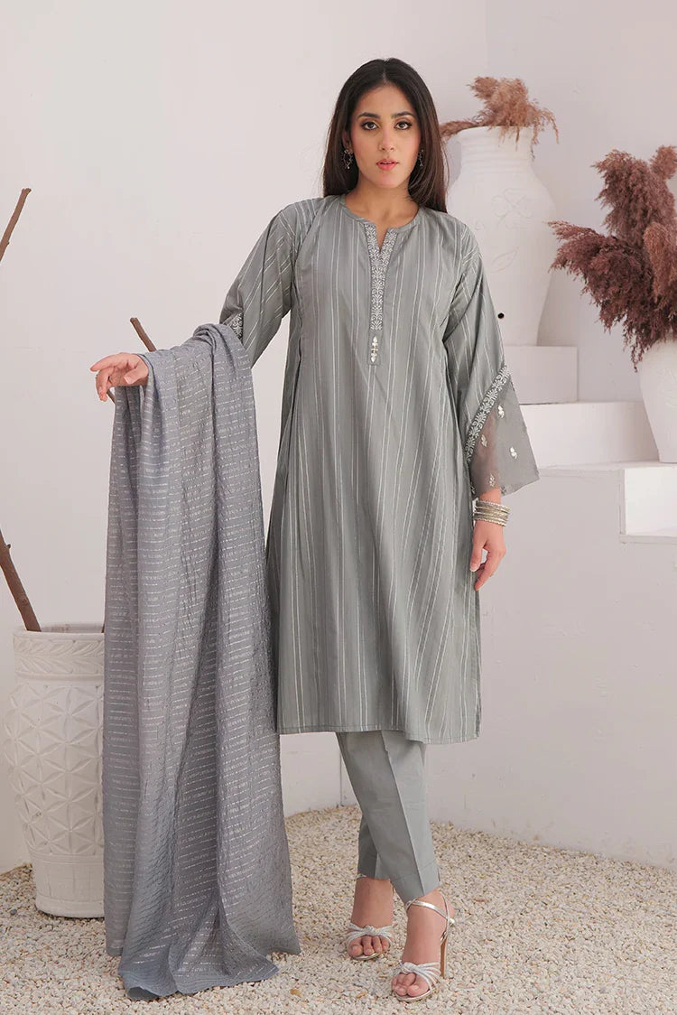 Picture of LBD-02896 | Grey & Silver | Casual Plus 3 Piece Suit | Cotton Dobby Jacquard - Available at Raja Sahib